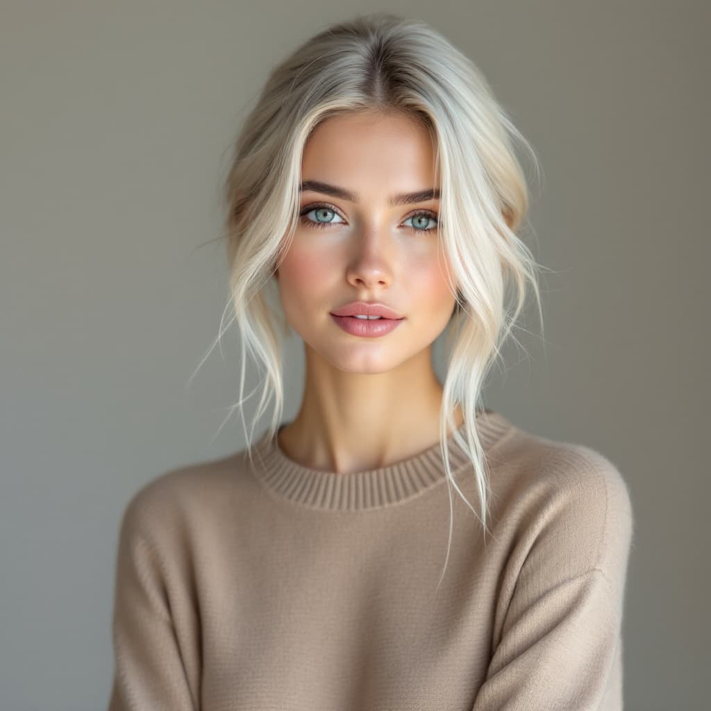 AI generated: A 25-year-old American woman with icy blonde sleek hair in a center part, glowing skin, oval face wi...