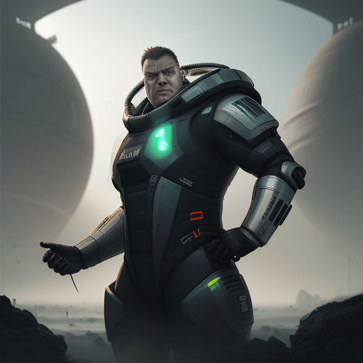 AI generated: sci-fi bild, junger mann mit Glatze und vollbart, 200kg schwer, lachend, fröhlich, verrückt, 8k