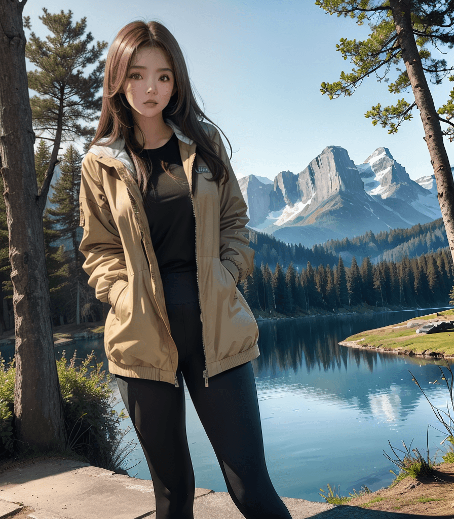 AI generated: (best quality:1.4), 1girl, outdoors, national park, jacket, leggings, trees, hills, mountains, lake,...