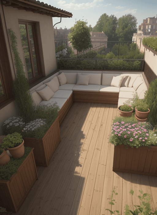 AI generated: Garden 1 meter long by 1 meter wide located on a balcony with a 1 meter parapet and with brown woode...
