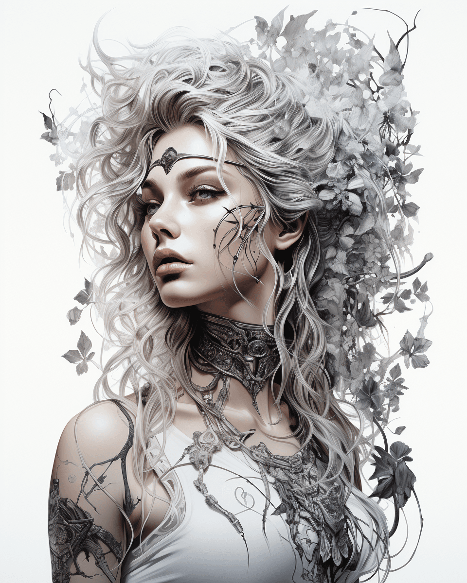 AI generated: a black and white tattoo on a woman, in the style of detailed fantasy art, pensive stillness, lithog...
