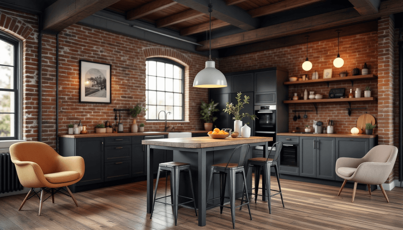 AI generated: 

Industrial loft kitchen, exposed brick walls,
rustic wooden dining table, metal bar stools, large ...