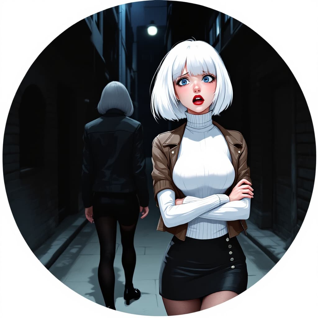 AI generated: anime, woman, white hair, bob cut, blue eyes, freckles, red lips, white turtle neck sweater, tight t...