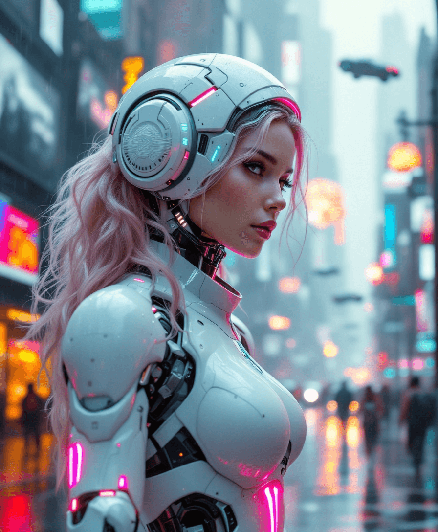 AI generated: A beautiful masterpiece (8K) full-body portrait of a 20-year-old brunette cyborg.  Long wavy, light ...