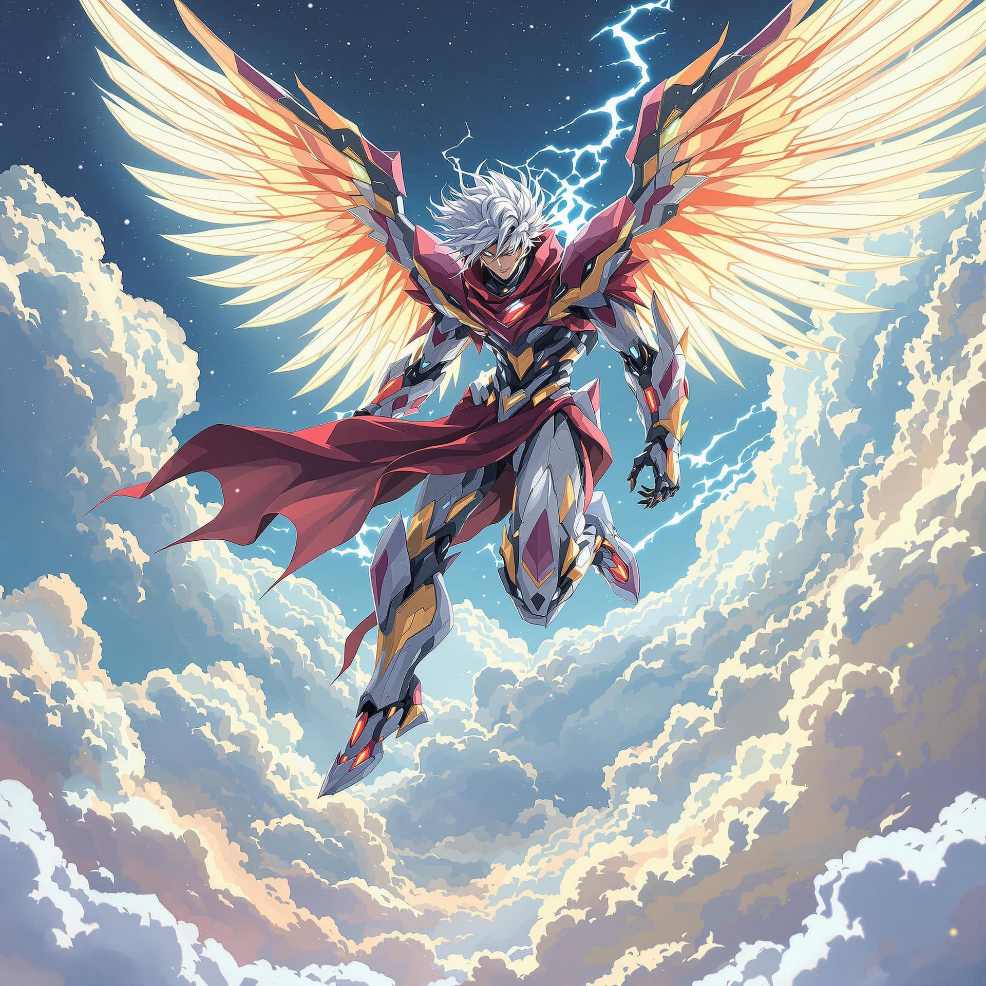 AI generated: Makoto Shinkai styled anime, adult man, transforming into Evangelion Demonic Demon inspired mecha, f...