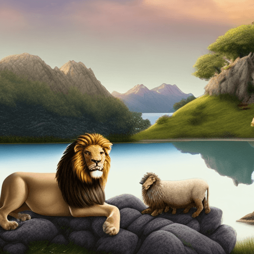 AI generated: lion and a young sheep sitting on a rock, next to a lake and a simple house in the background