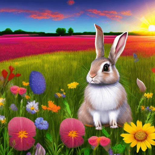 AI generated: create a picture of a little rabbit in a colorful flower meadows with many flowers in front of a sun...