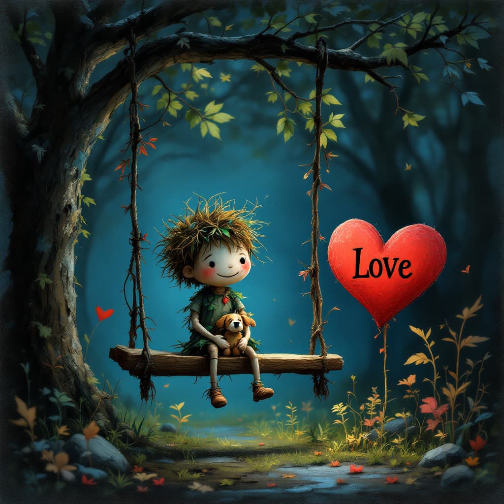 AI generated: create an image of at night scene of a swing with a wood plank hanging from a tree branch. There is ...