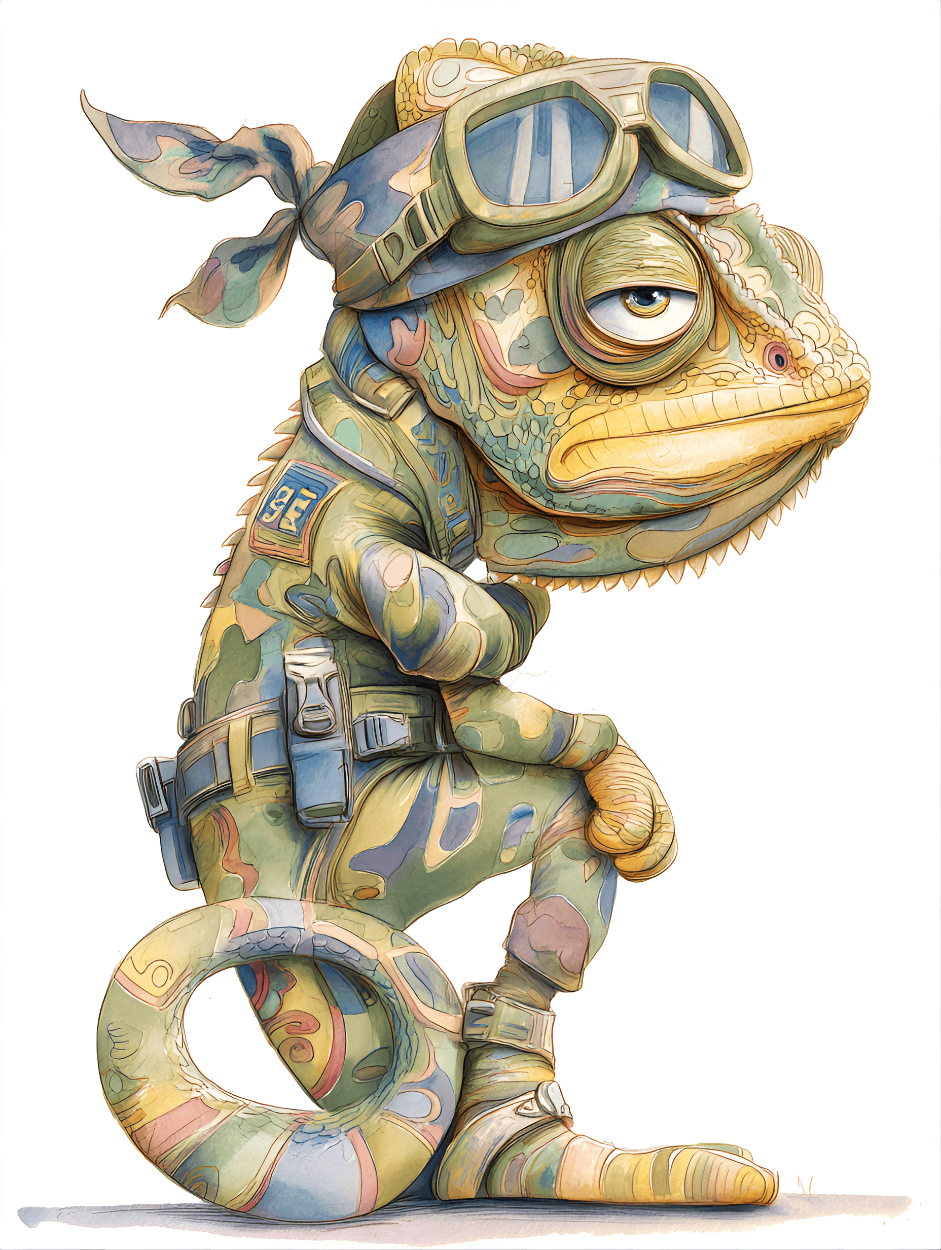 AI generated: funny caricature, chameleon animal caricature, juvenile exotic male, 2 years old, colorful scales, c...