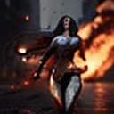 AI generated: Full Body, film still of, a beautiful woman made of lava, brunette. long hair, laughing, walking dow...