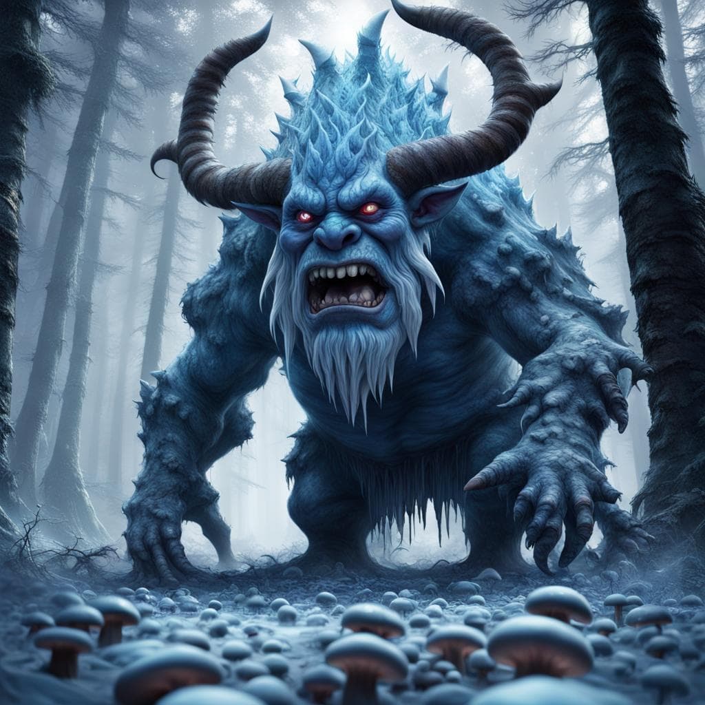 AI generated: scary horned ogre, 20 meter tall, full body, blue eyes, frozen taiga forest with blue mushrooms on t...