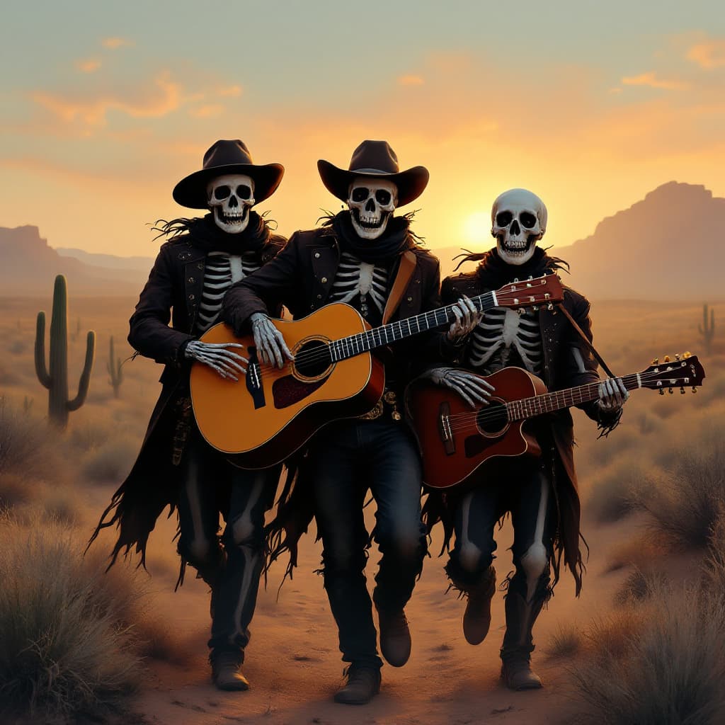 AI generated: Hola, quiero la siguiente imagen: Un hombre junto a dos calaveras caminando de espaldas en el desier...