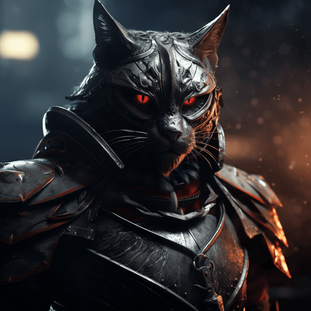 AI generated: Black battle-cat in armor, red eyes, long fangs, cinematic, growl, dark background, 4k