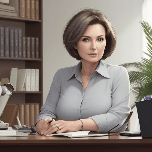 AI generated: Hyper realistic eye, hyper realistic photo, elegant 45-year-old woman sitting at her desk, in her pe...