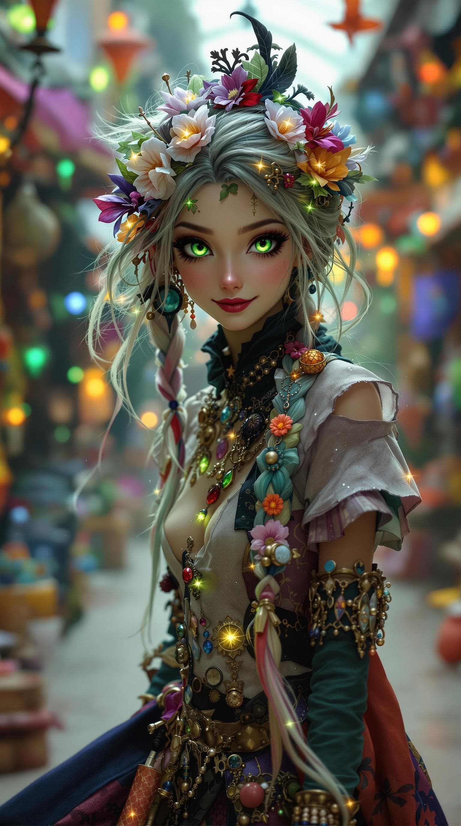 AI generated: A pretty, whimsical trickster with a slender frame and captivating green eyes that seem to shimmer w...