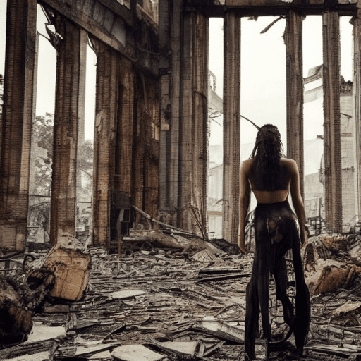 AI generated: Envision a scene from a dystopian future, where the cityscape is ravaged and broken. Amidst the ruin...