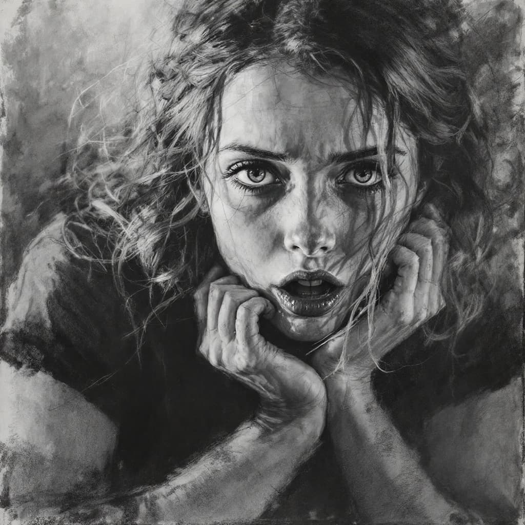 AI generated: Girl, charcoal sketch, scared
