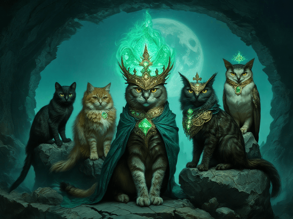 AI generated: Moonlit gothic ruins, deep indigo fog  
— circle of sentinel cats **and owls** on cracked rune-mono...