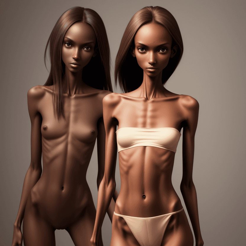 AI generated: extreme beautiful skinny brown skinned  slender face of skinny (almost anorexic) girl without a bra
