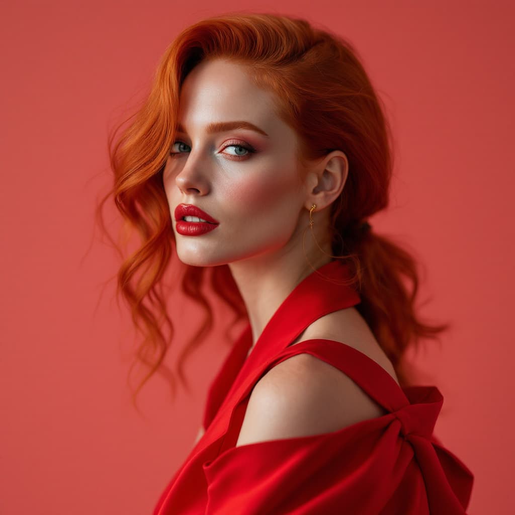 AI generated: Fotografía de alta resolución, mujer ginger Jessica Chastain, vestido rojo en seda, cabello largo su...