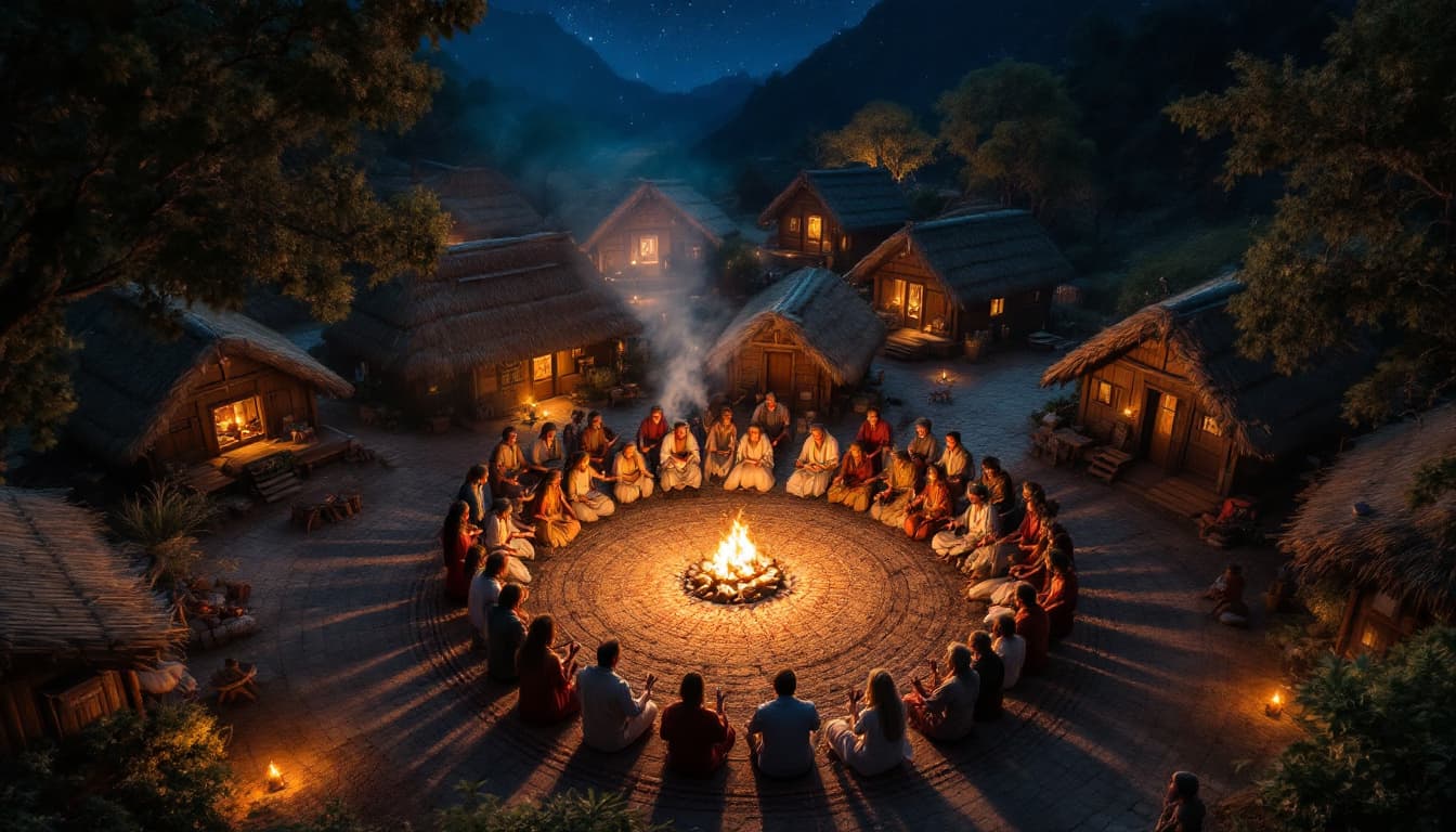 AI generated: Prompt: Overhead shot of villagers in Gilani attire forming a circle near wooden houses, swaying to ...