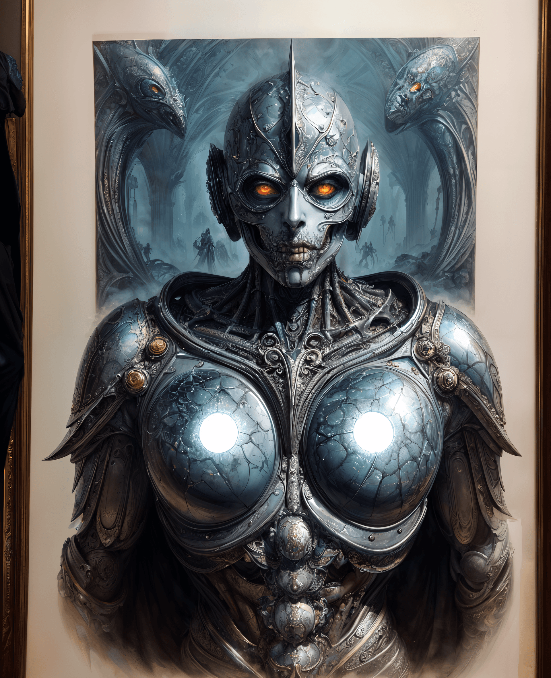 AI generated: (masterpiece, award winning, best quality:1.2) , 2/3 body portrait, metal golem with holographic par...