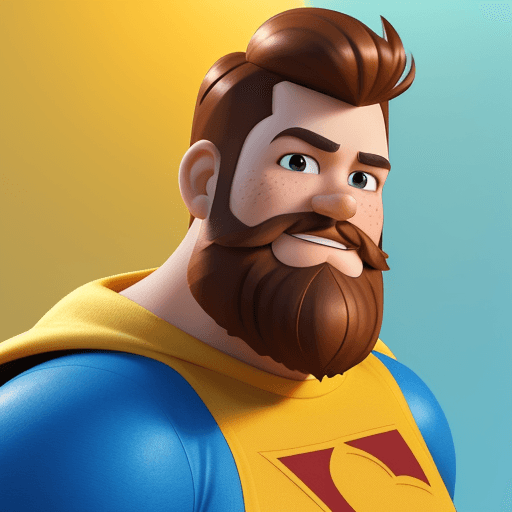 AI generated: cartoon 3D sunny bright Pixar-style image : 35 years old: light brown beard : freckles : super hero ...
