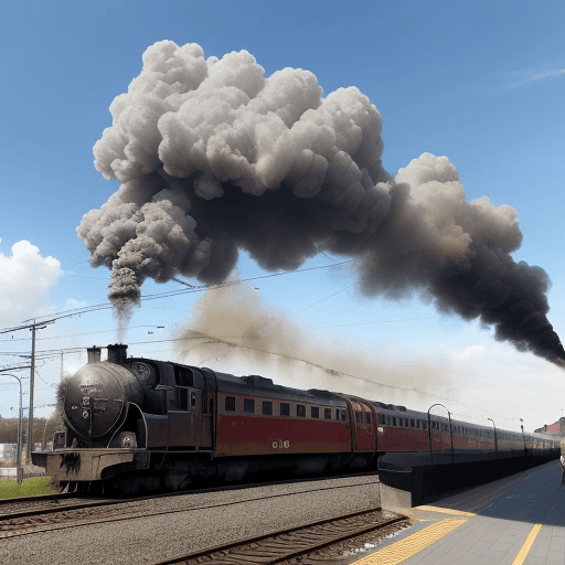AI generated: An old train is moving away from the station. It makes a lot of smoke. A few passengers are waving a...