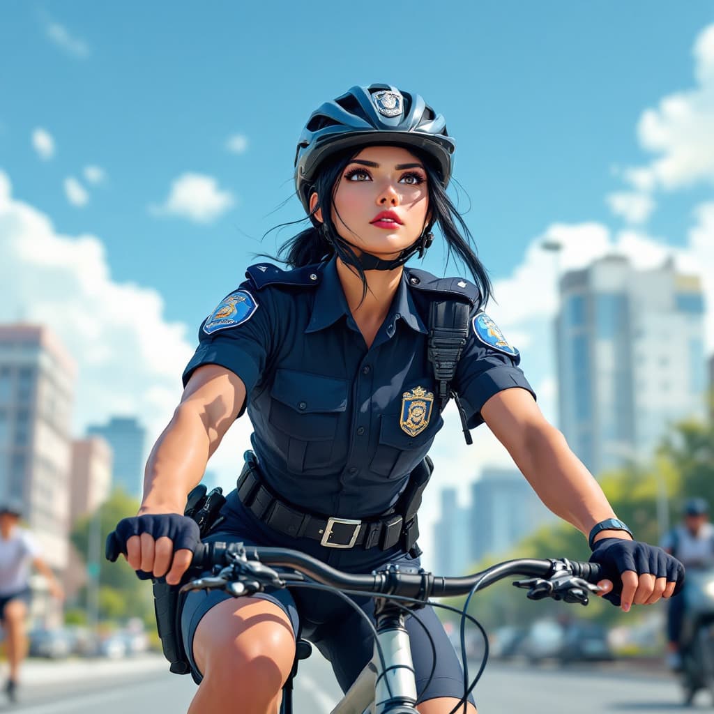 AI generated:  precure, policewoman, black hair, (crew cut:1.3), stern eyes, police officer uniform, bike helmet, ...