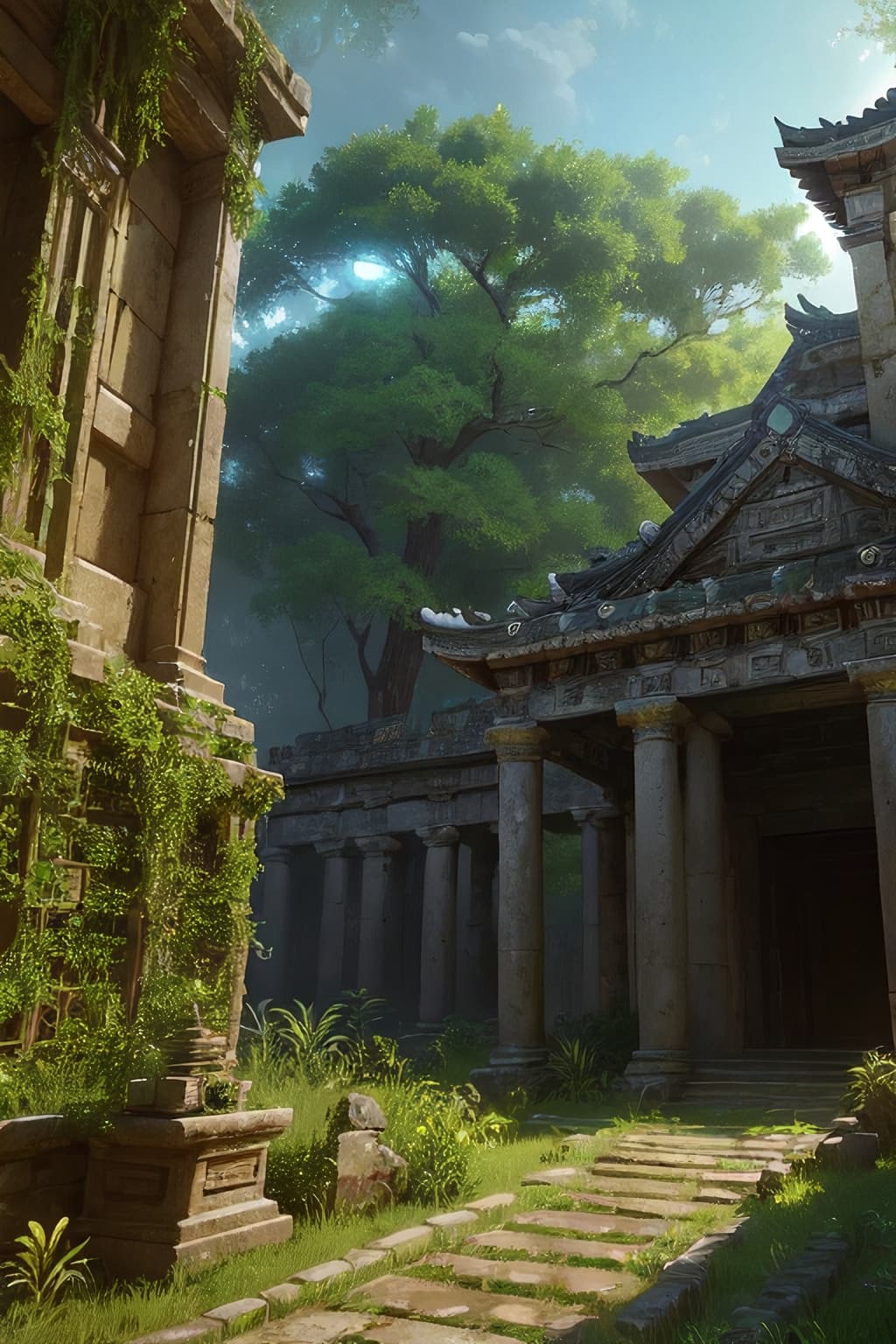 AI generated: glowing gpu crypto mining rig::2 in the middle of an ancient temple, ruins, overgrown with lush vege...
