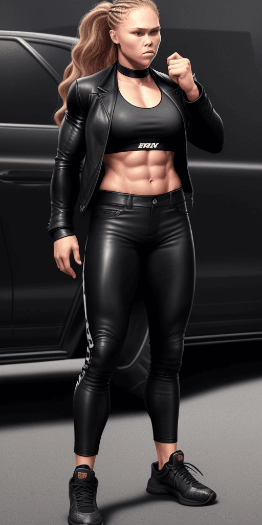 AI generated: Ronda Rousey, (black jacket:1. 4), (black pants:1. 5), (long hair:1. 4), black shoes, leather outfit