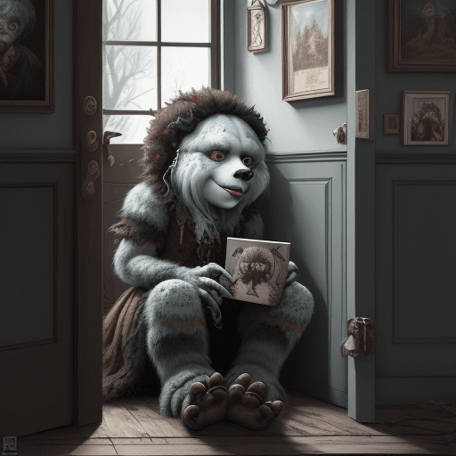 AI generated: edyth jiryevsky monster sitting by the door, in the style of realistic hyper-detailed rendering, qui...