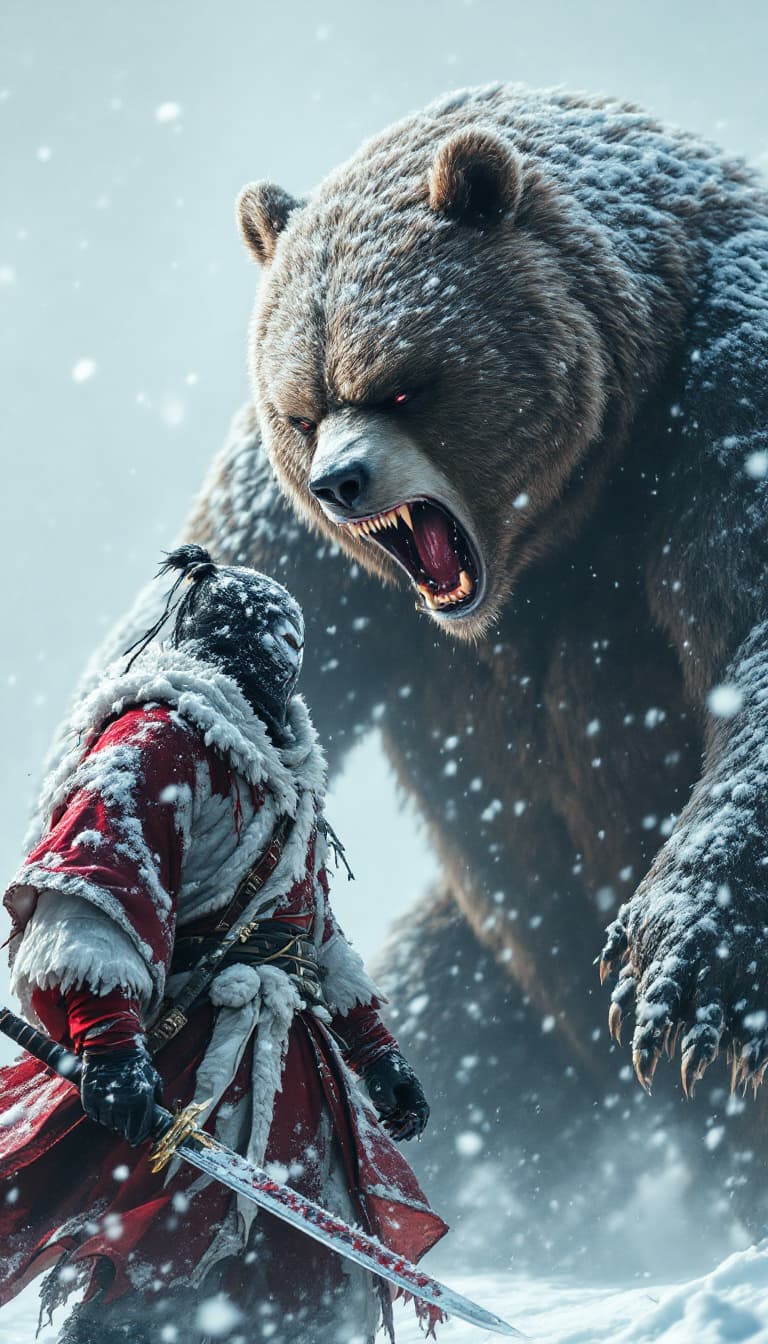 AI generated: A Chinese ninja and a giant bear. A surreal movie scene. A Chinese ninja and a giant bear stand in a...