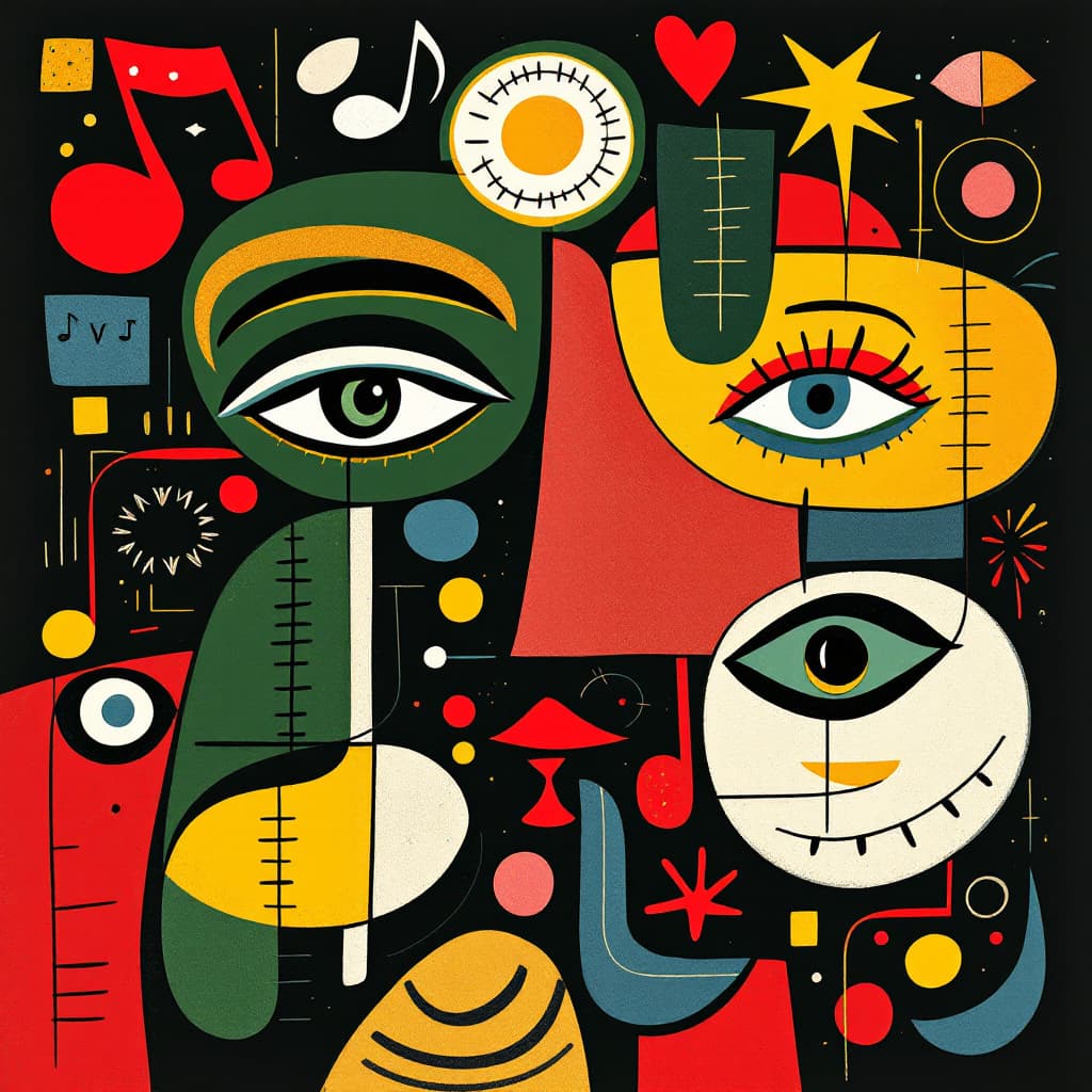 AI generated: Abstract vector illustration of various symbols,   and real life fantasy characters, including music...