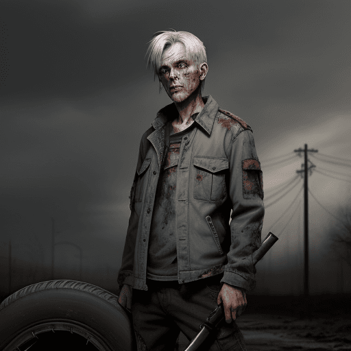 AI generated: A young man with gray hair wearing clothes from the zombie apocalypse. Looks into the distance. Port...