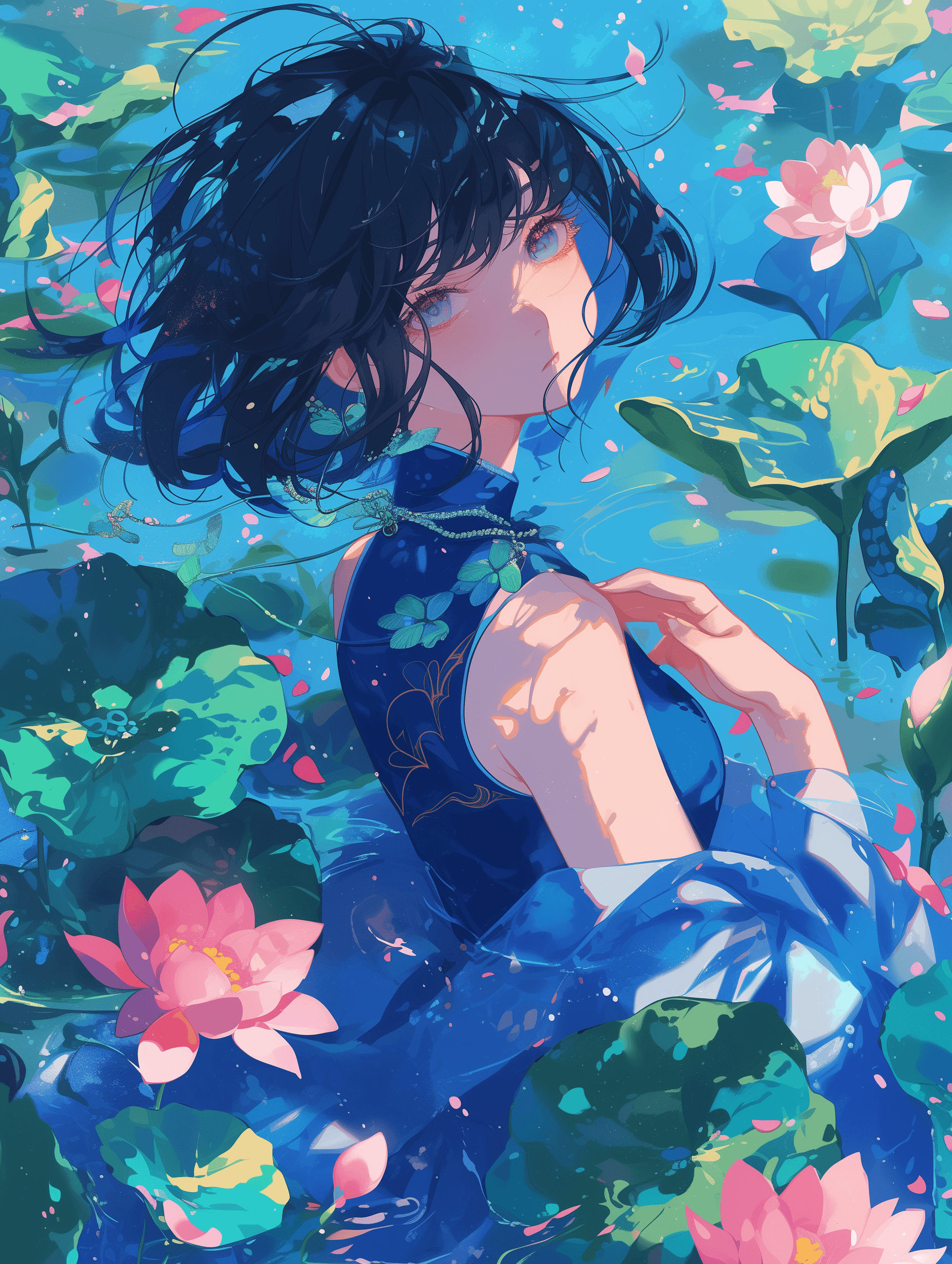 AI generated: shorthaired anime girl, wearing a blue dress, with lotus flowers and water lilies around, shot from ...