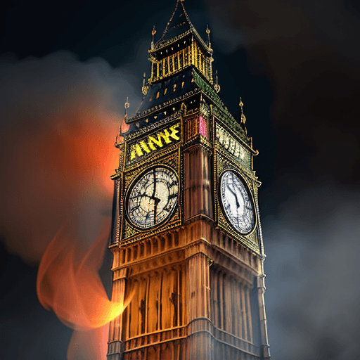 AI generated: big ben burning, glowing flames coming out of the tower, bursting clock, smoke, 4k