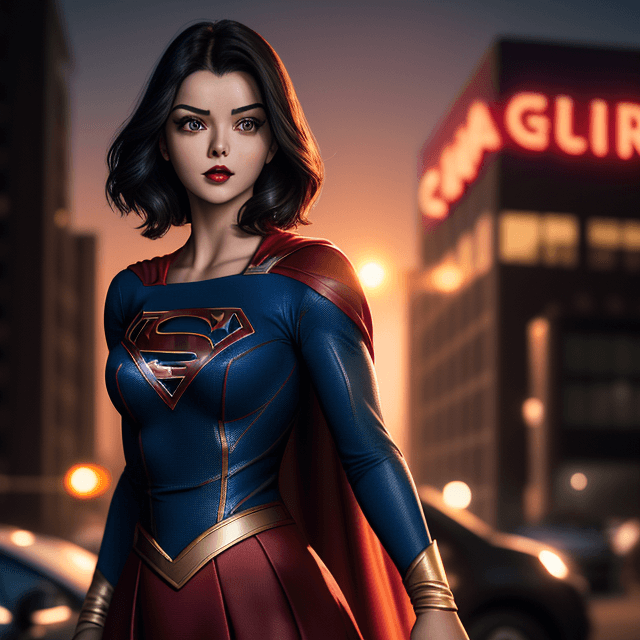 AI generated:  photo of supergirl in a supergirl costume with a red cape on her back, black hair, short hair, tan ...