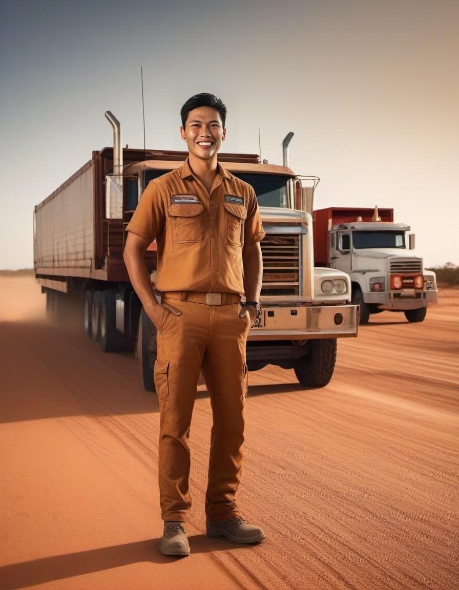 AI generated: An australian truck with two trailers at a gas station in the Outback, on a dusty road. Impressive l...
