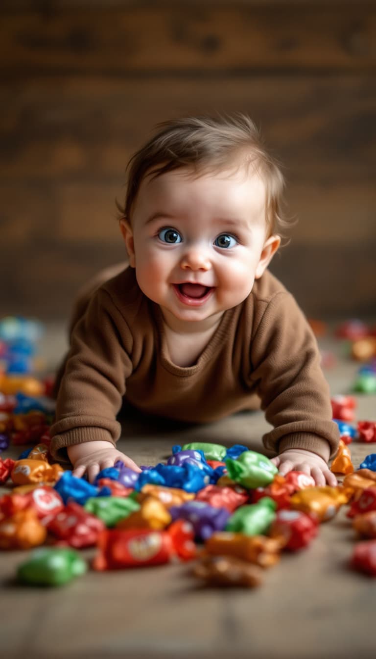 AI generated: High resolution photography, A baby crawls on a wooden surface next to candies as big as the baby. T...