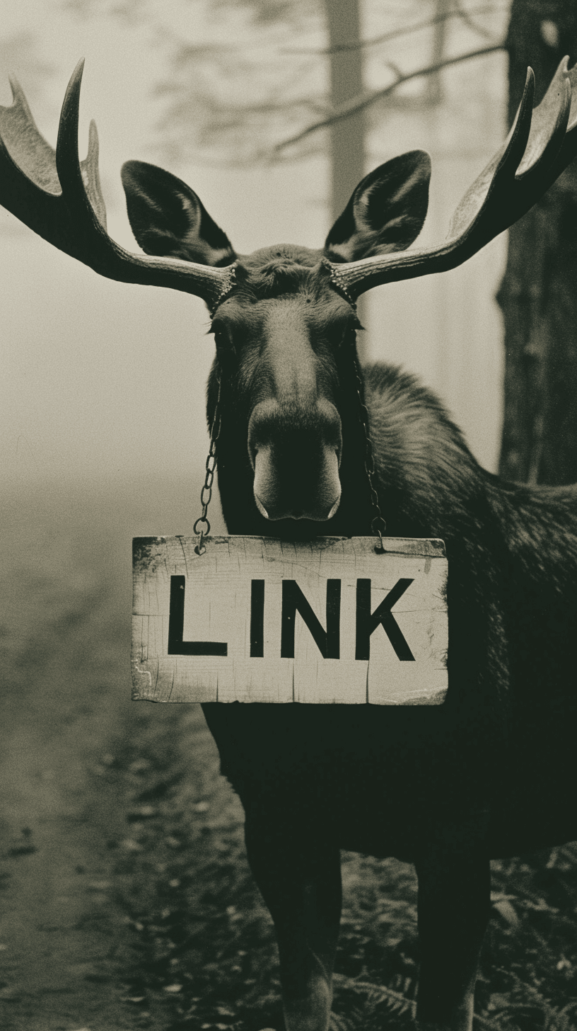 AI generated: A majestic moose standing in a dense forest, with a rustic wooden sign hanging from its antlers that...