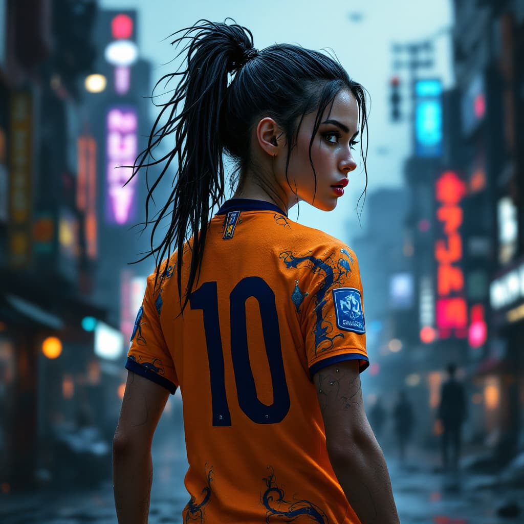 AI generated: Jenny, a fierce female soccer player, wears a vibrant Naranja y azul jersey with the iconic Numero "...