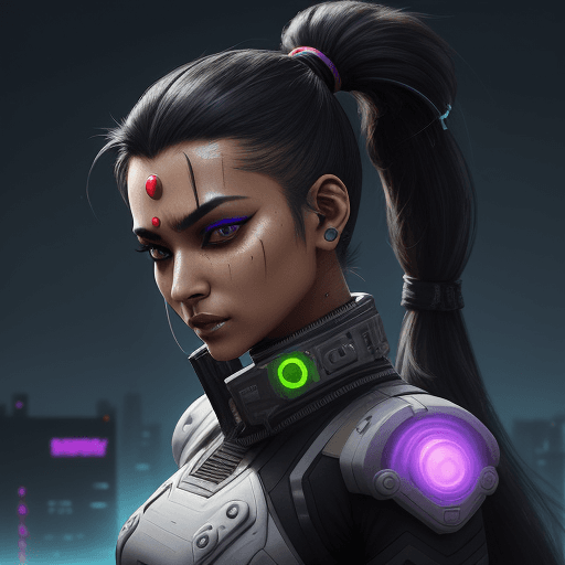 AI generated: "Design a futuristic, cyberpunk-themed Indian female gaming character. She has dark hair tied into a...