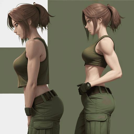 AI generated: Female protagonist for a video game in a T-Pose from front and side view. character wears olive drab...