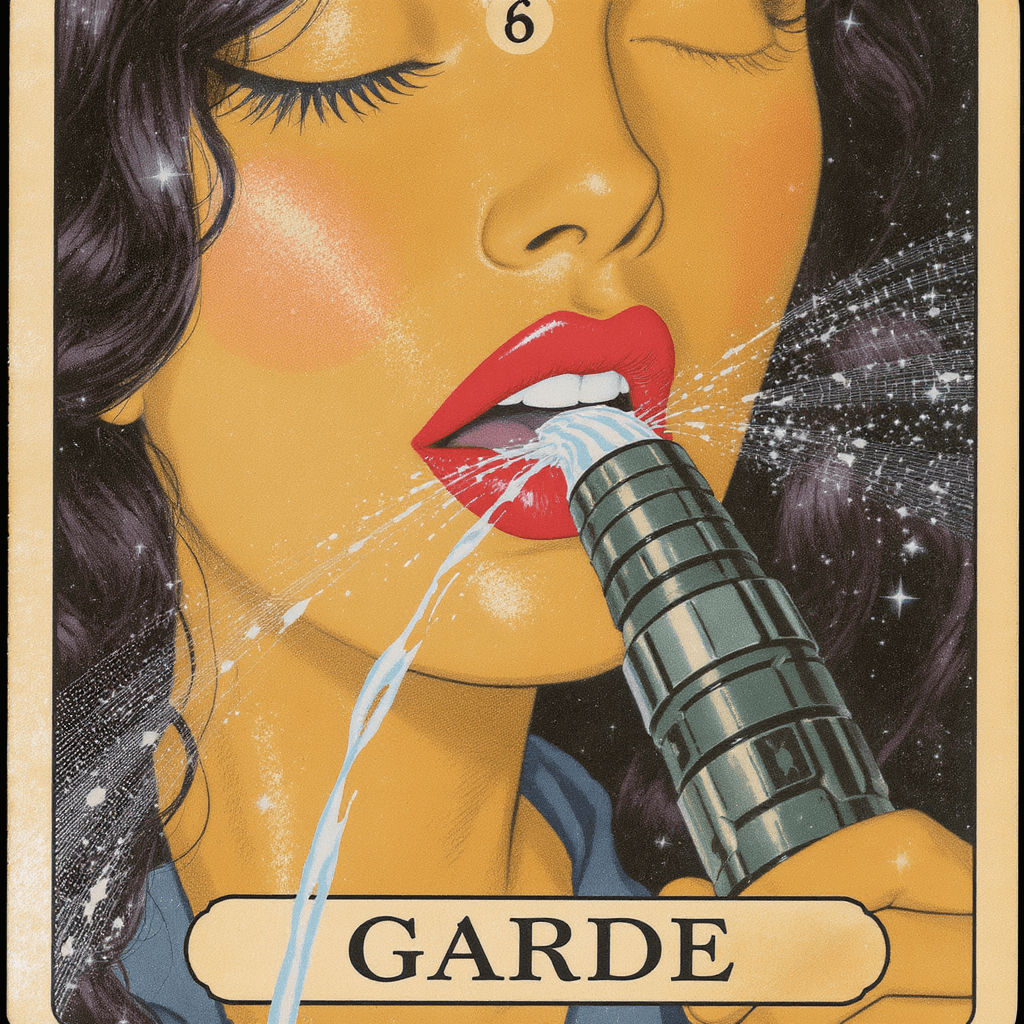AI generated:  oracle card with 1980s red woman's lips drinking from garden hose with 1980s text drink from the ga...