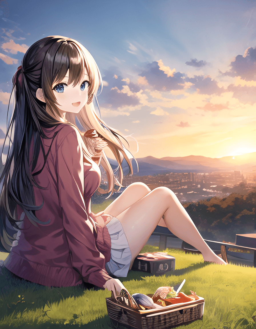 AI generated: anime girl, picnic, sunsetting, sitting, family, food basket, happy, hills, scenery in background, c...