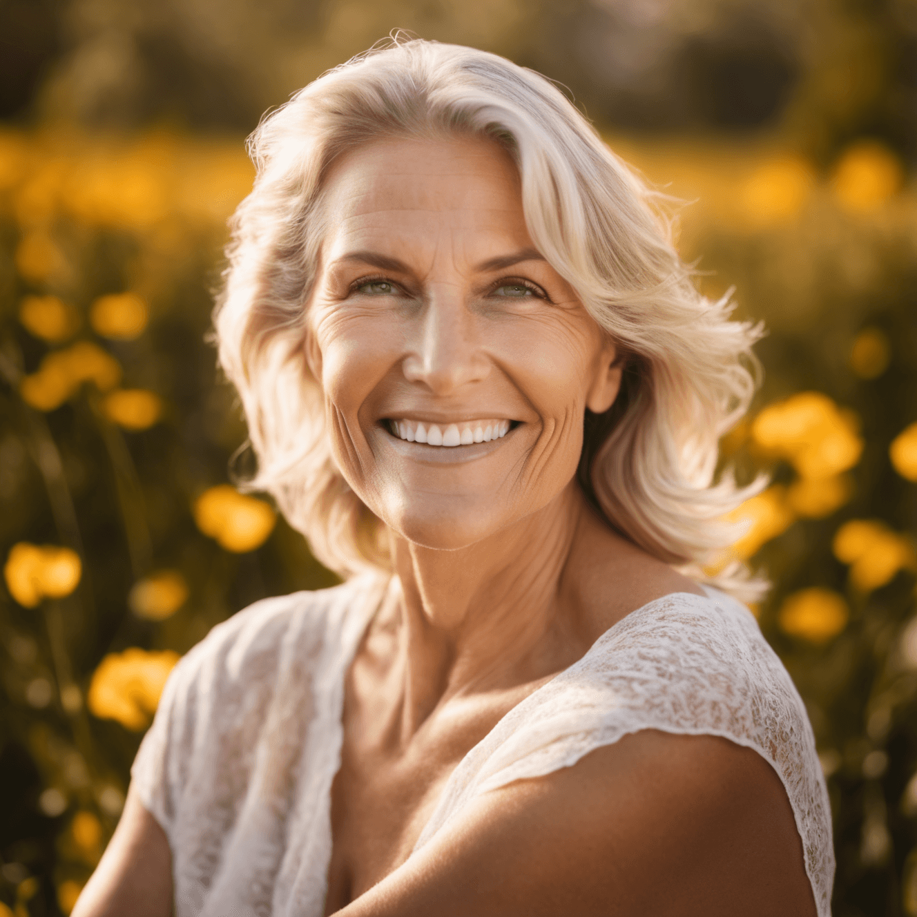 AI generated: A woman of timeless grace, aged 50, with ageless beauty and a serene smile is bathed in soft, diffus...