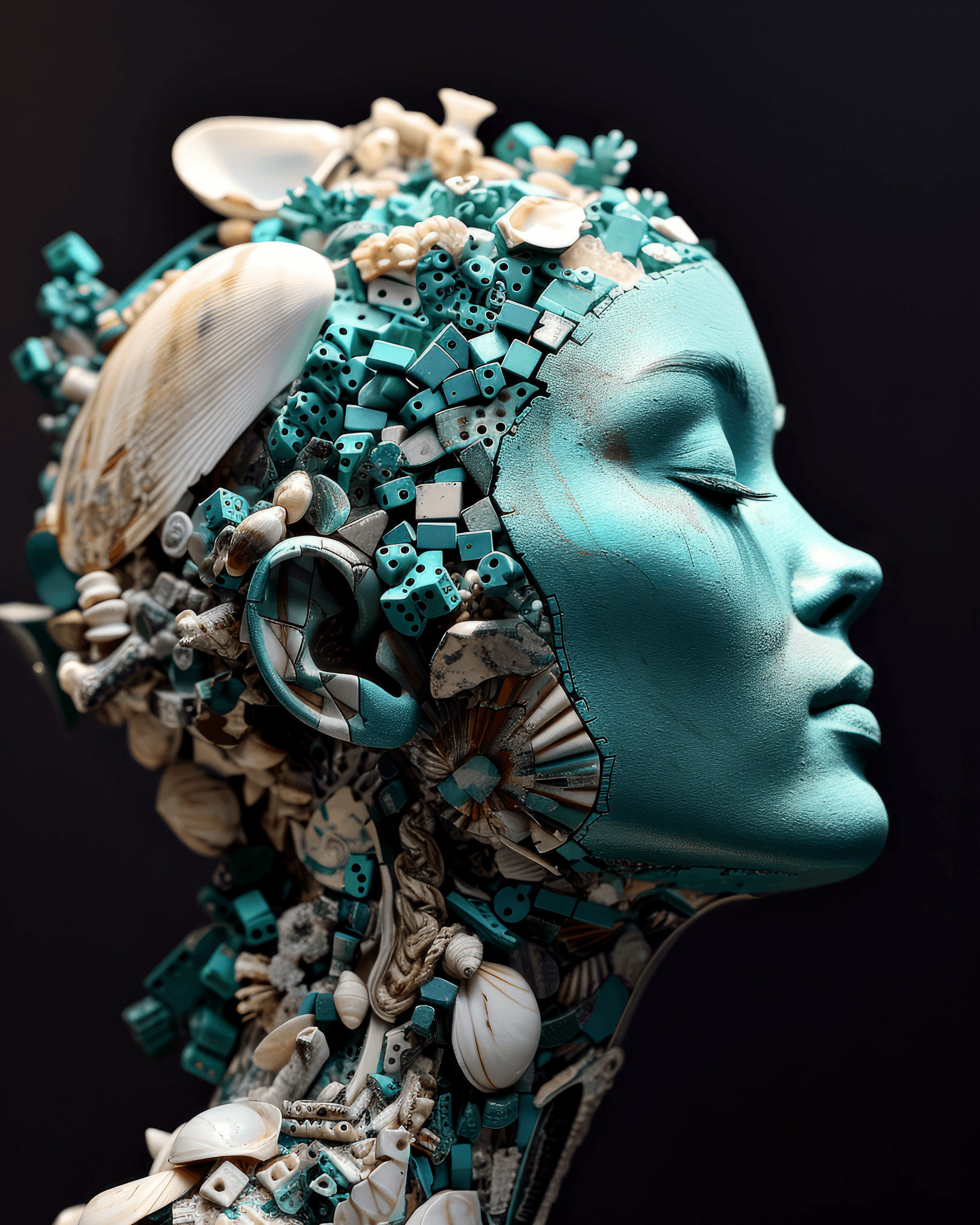 AI generated: the anatomy of a woman's head made of metalic teal domino pieces and shells, octopath traveler, vani...