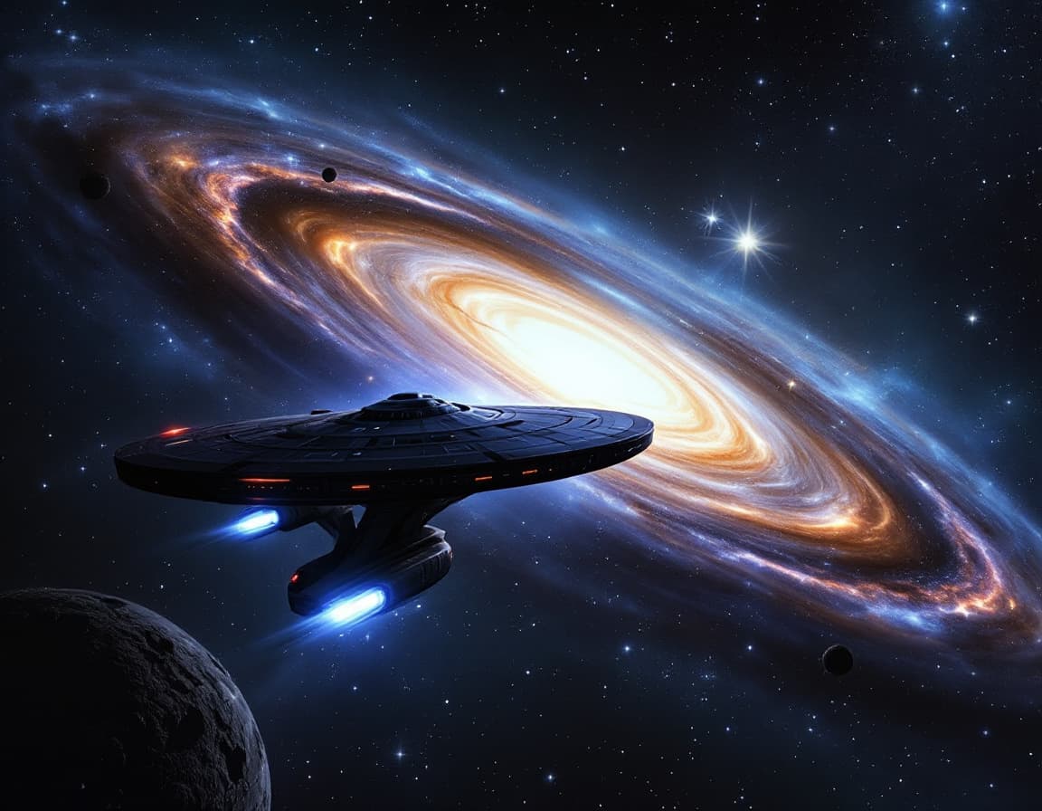 AI generated: starship enterprise D in starry space against background of Andromeda Galaxy