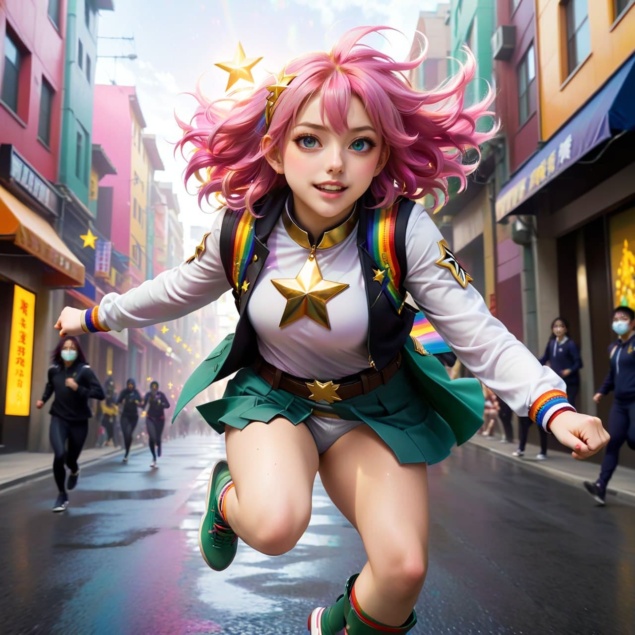 AI generated: Cute Hero girl with pink hair, gold star decorations on outfit, in the style of my hero academia, sh...
